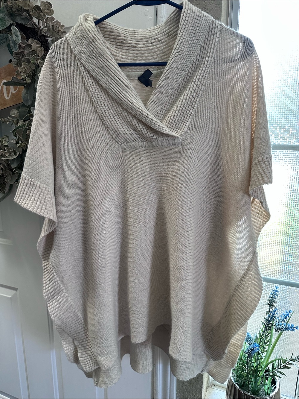 Alya Cream Ribbed Shawl-Collar Knit Poncho